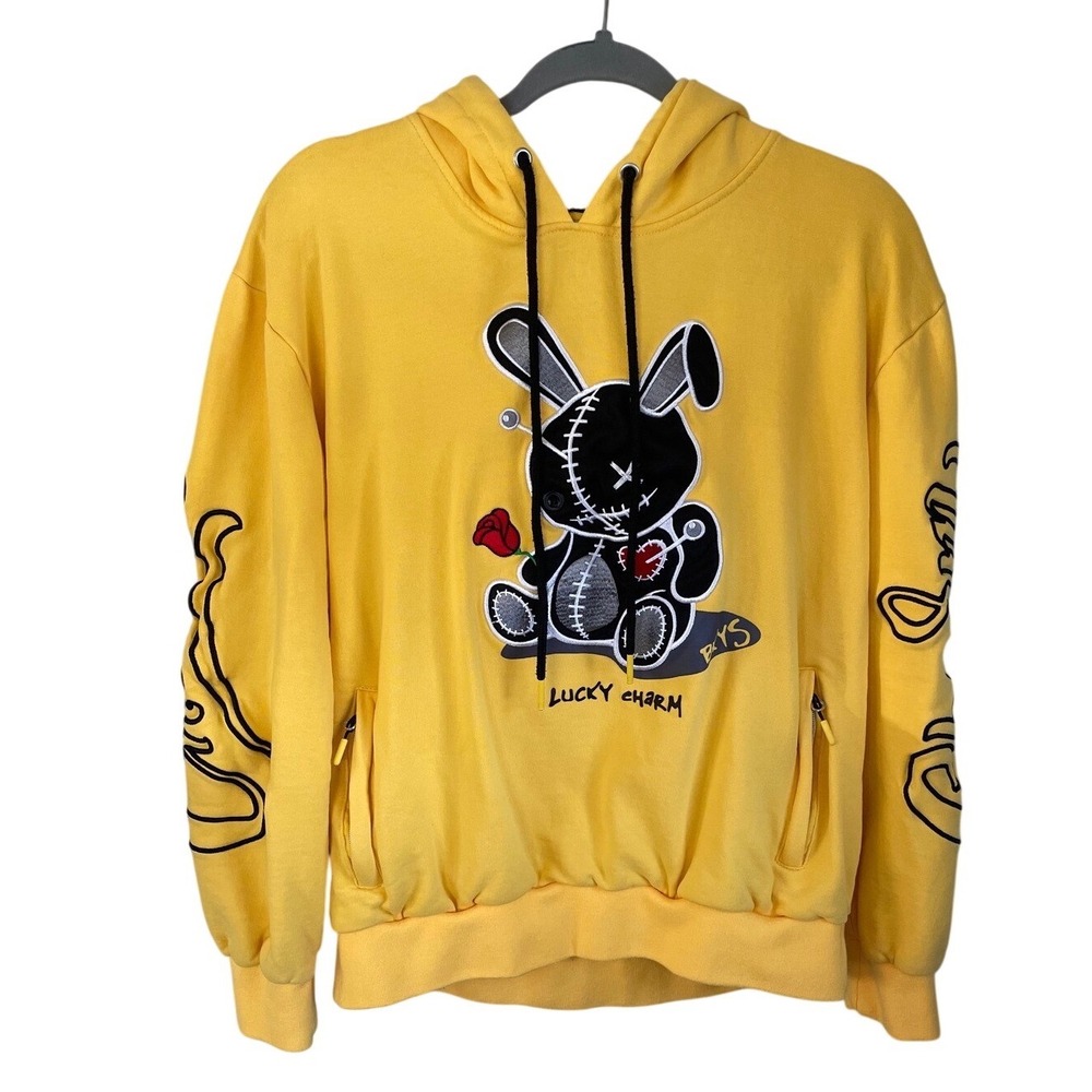 Lucky Charm Voodoo Bunny Hoodie  Yellow Graphic Streetwear Sweatshirt Large‎